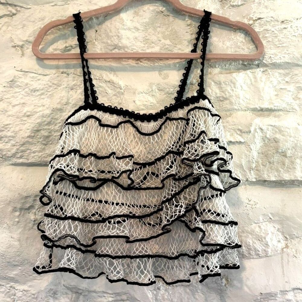 Anthropologie Crochet Ruffle Cami White and Black Small Festival Romantic